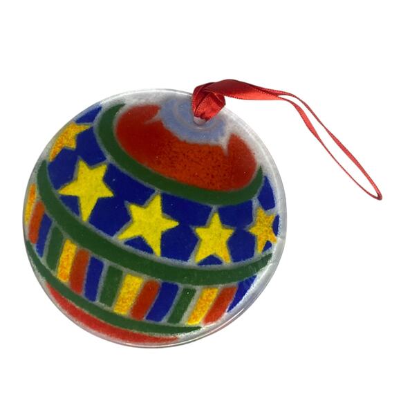 Peggy Karr Christmas Ornament Ball Stars Bars Fused Glass Holiday - Picture 7 of 12